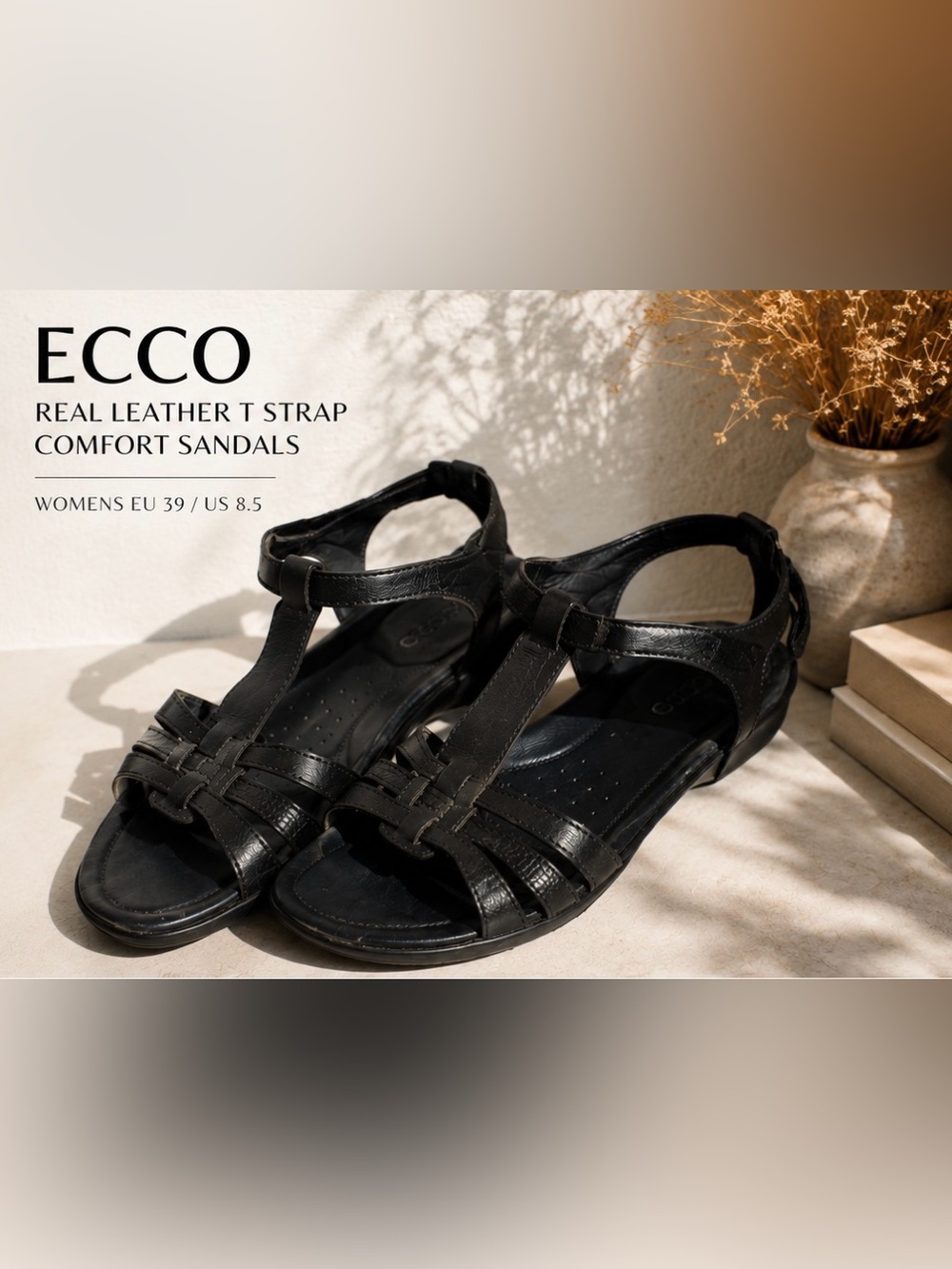 ECCO Black Real Leather T Strap Comfort Sandals Womens 8.5 EU 39 Walking Travel